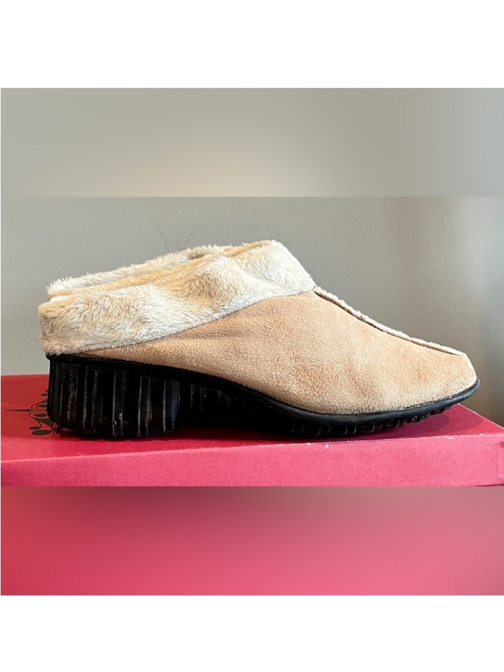 Vaneli Tan ‘Bryan’ Sherpa Wedge Mules, Size 7.5